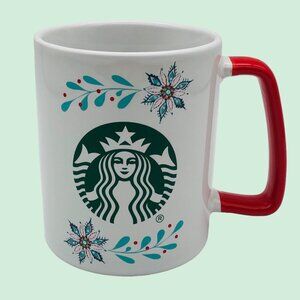 Starbucks Limited Edition Holiday Mug Coffee Cup Red Handle Snowflake Poinsettia